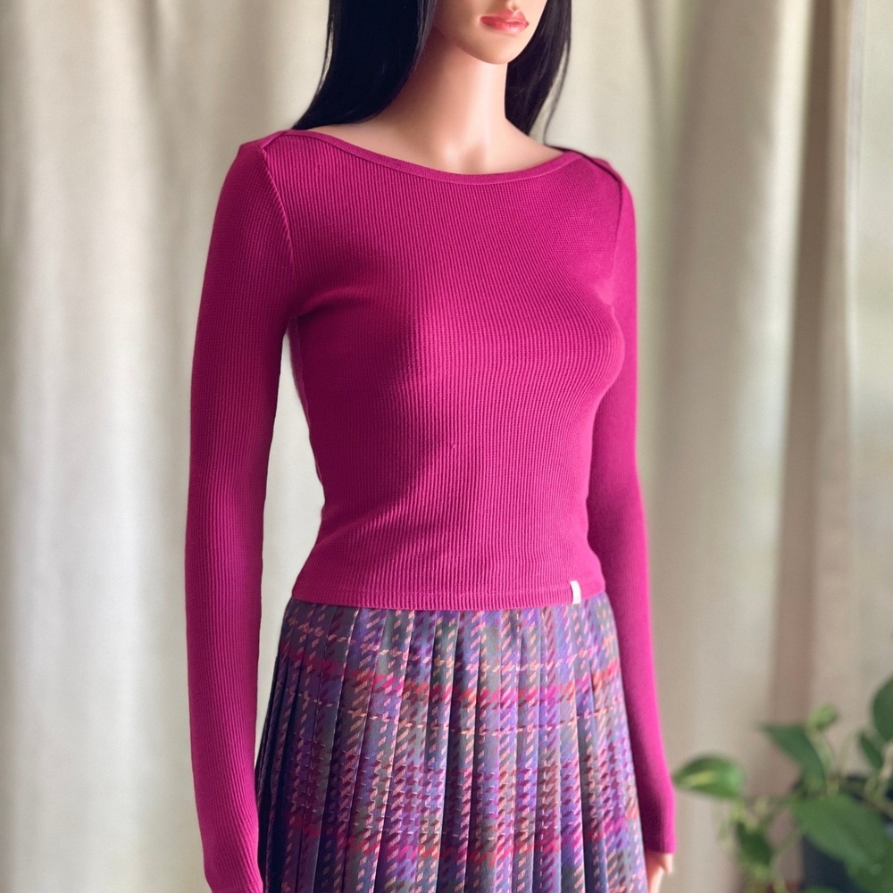 Magenta Pink Waffle‎ Knit Boat Neck Thermal Top Long Sleeve Barbiecore Basic XS